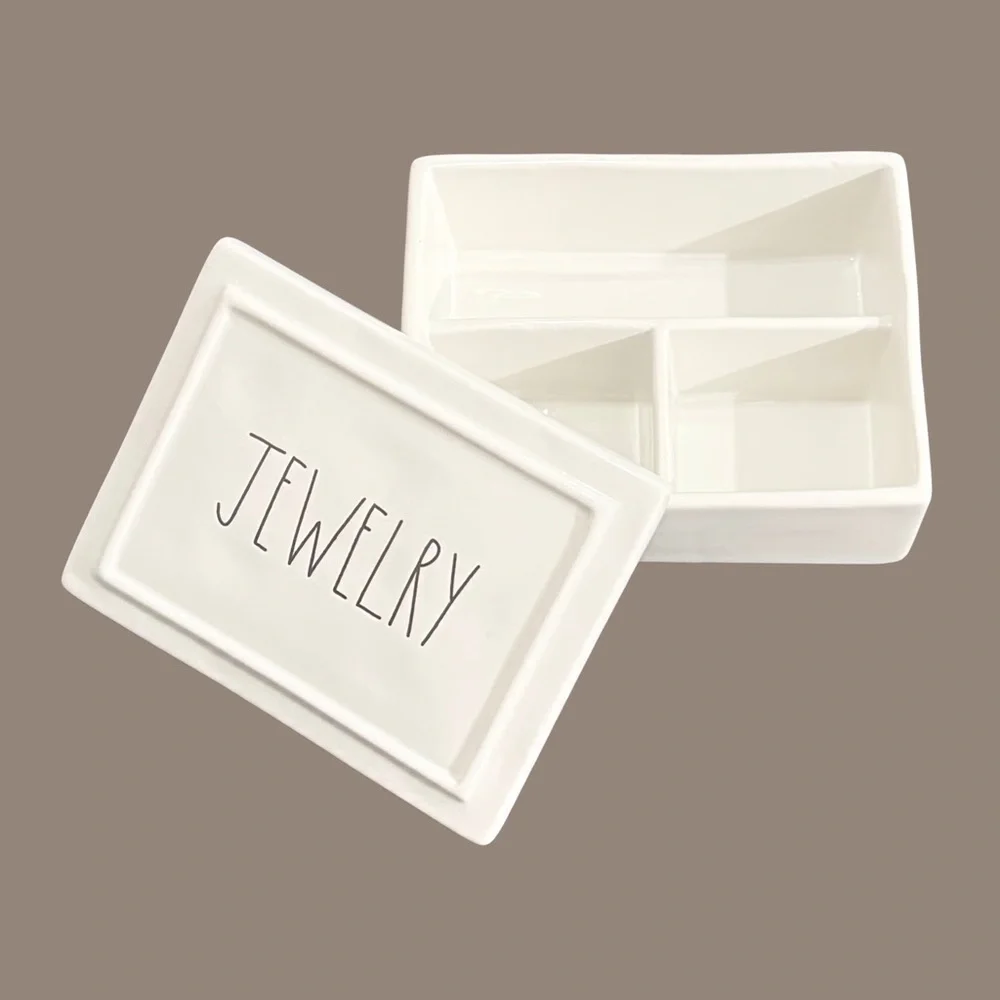 Rae Dunn Jewelry Ceramic Trinket Box with Lid Divided Organizer White - Picture 2 of 9